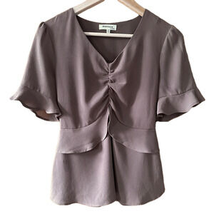 Monteau Los Angeles Taupe Peplum Blouse Ruffle Short Sleeve - Medium